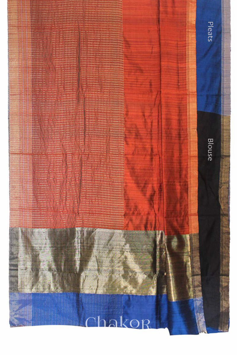 Rust Blue Tussar Silk Saree