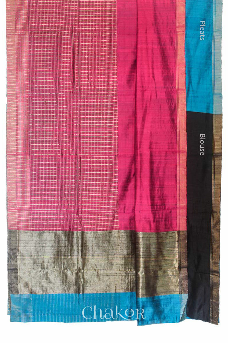 Pink Turquoise Tussar Silk Saree