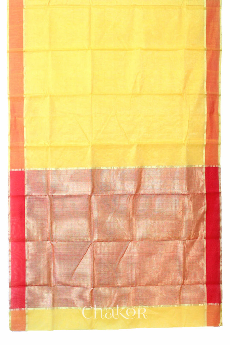 Chakor's Yellow Handlom Silk Cotton Saree with woven rust border and tissue pallu.