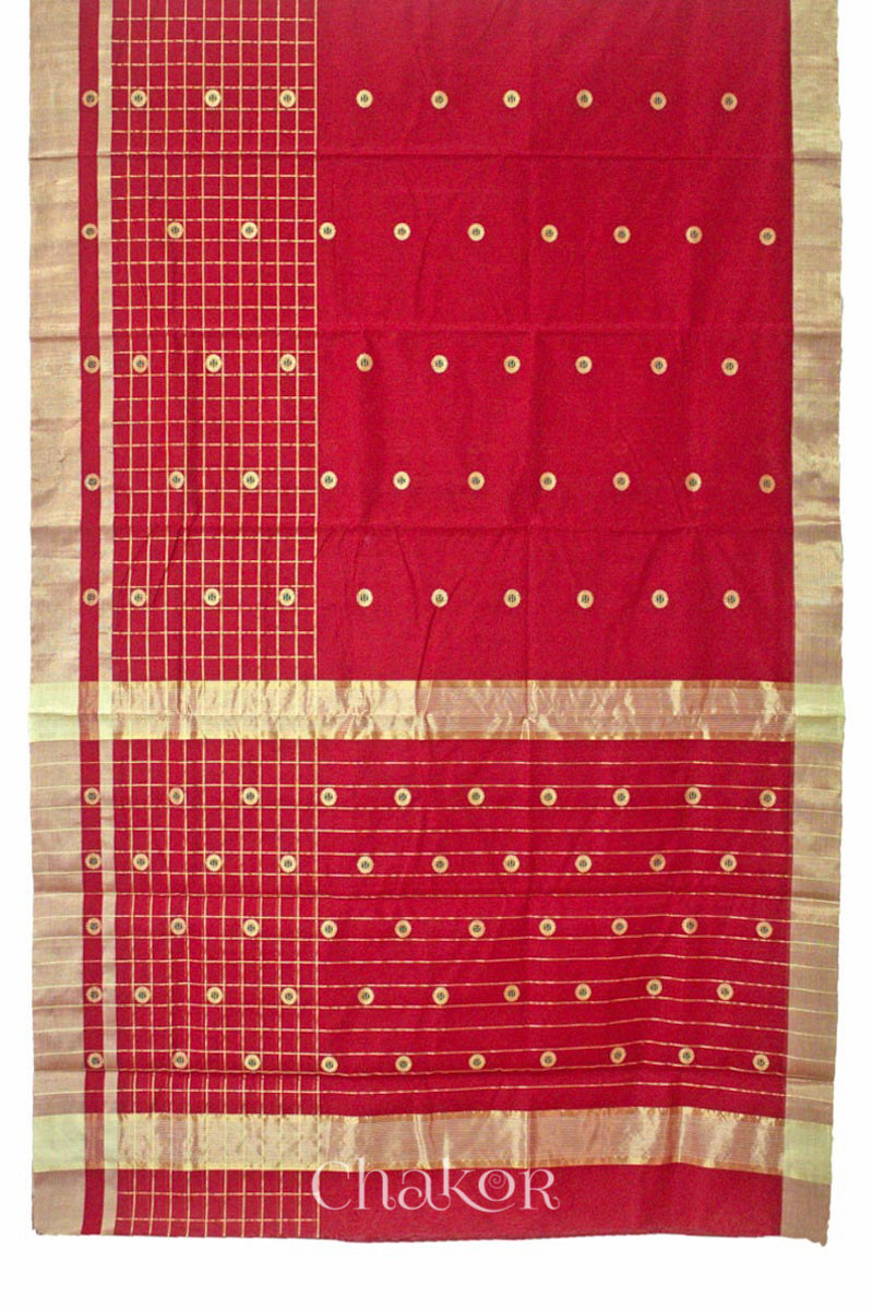 Chakor's Red Handloom silk Cotton Saree with woven buttis in zari and coloured thread.