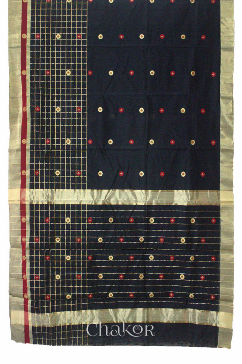 Chakor's Black Handloom silk Cotton Saree with woven buttis in zari and coloured thread.
