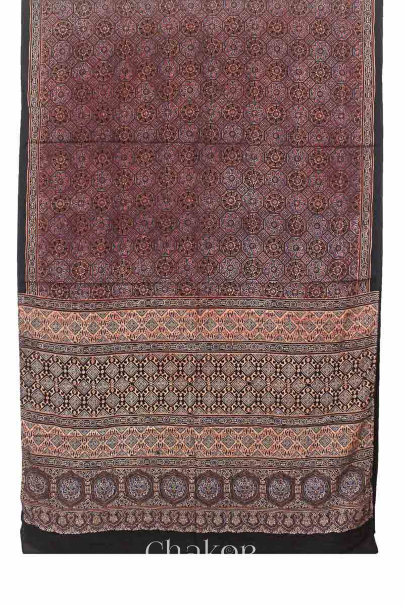 Full view of Natural Dyed Black Ajrakh Printed Modal Cotton Saree Handcrafted in Kutch.