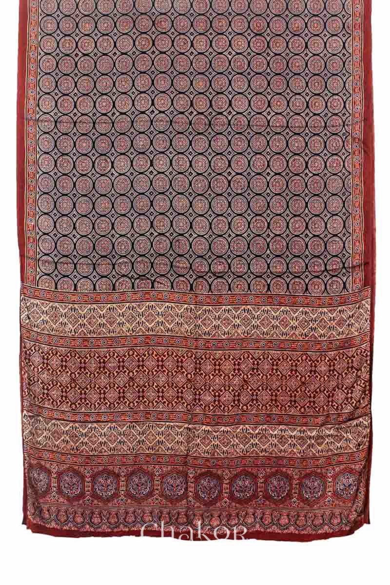 Full view of Natural Dyed Madder Red Ajrakh Printed Modal Cotton Saree Handcrafted in Kutch.
