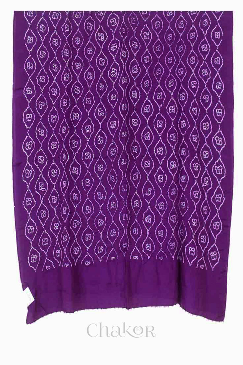 Full view of wine Bandhani mulberry silk dupatta with tie-dye dot pattern detailed with beads on edge