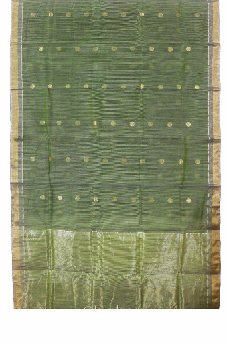 Chakor's Olive Green Silk Cotton Saree with woven buttis in zari.Chakor's Olive Green Silk Cotton Saree with woven buttis in zari.