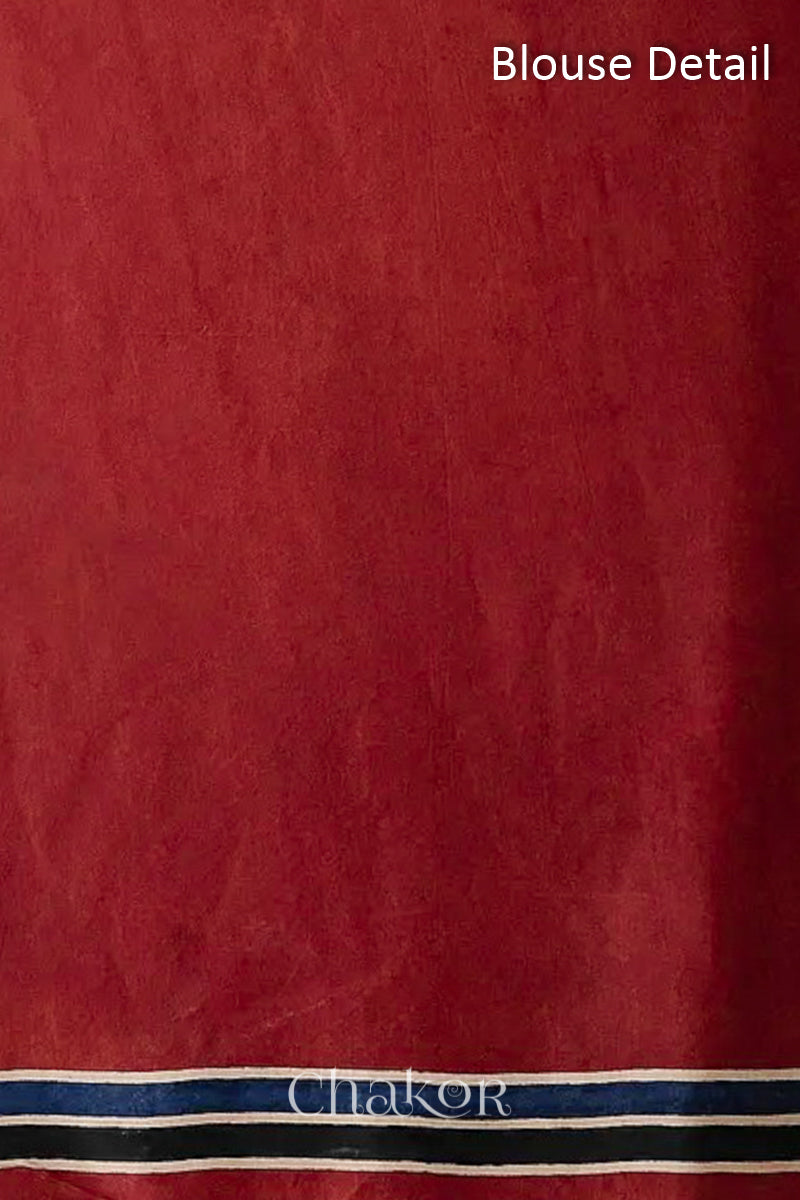 Unstitched Blouse Material Natural Dyed Madder Red Ajrakh Modal Saree Handcrafted in Kutch.