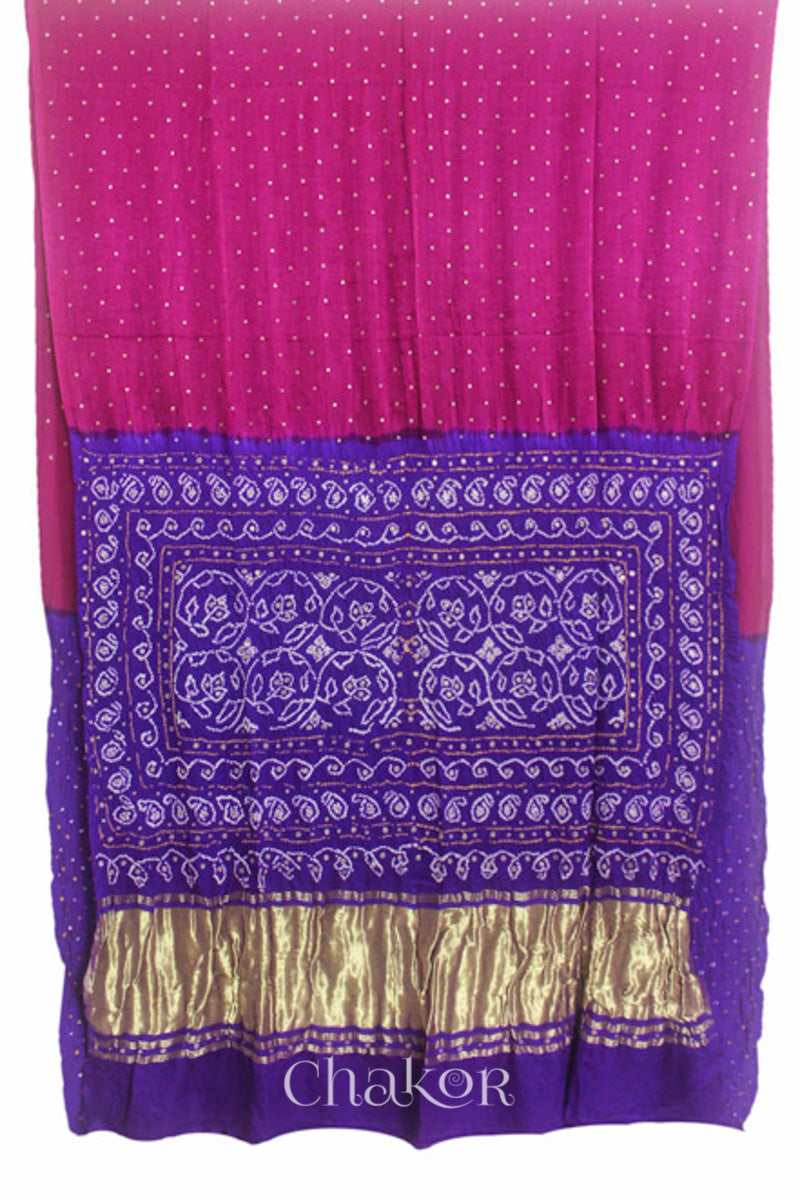 Chakor's traditional Magenta Purple bandhani pure silk saree with embroidery.
