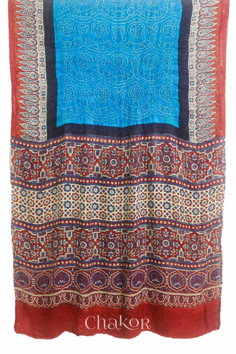 Chakor's traditional Blue Red Bandhani Ajrakh saree.