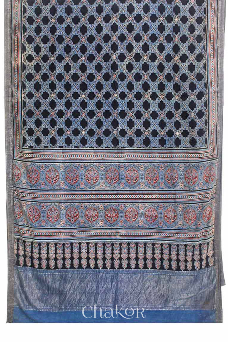 Chakor's Natural Dyed Indigo Black Ajrakh Printed Mangalgiri Cotton Handloom Saree.