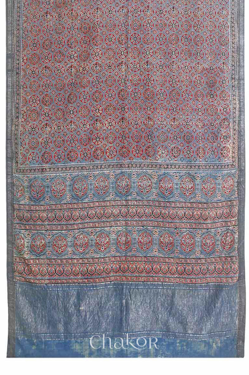 Chakor's Natural Dyed Indigo Ajrakh Printed Mangalgiri Cotton HandloomSaree.
