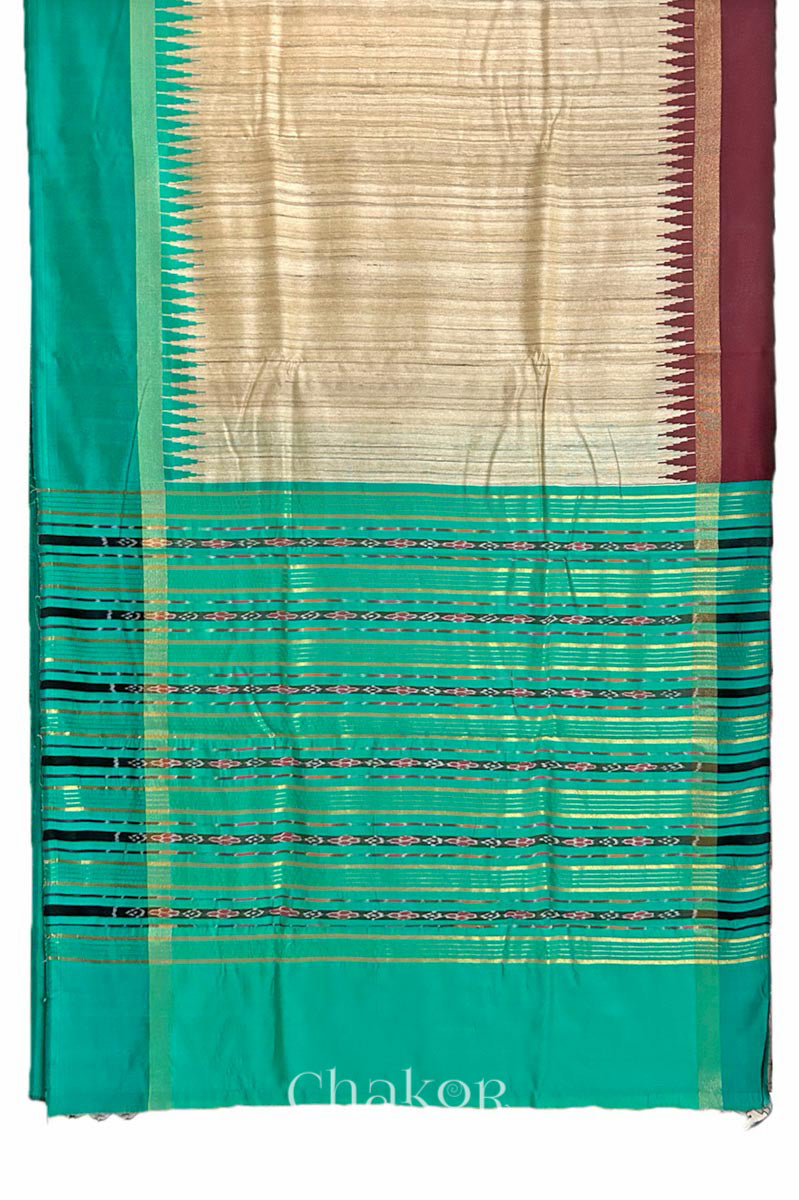 Jade Green and natural tussar silk handloom saree with woven stripes & temple border and geometric motifs, traditional Indian ethnic wear saree