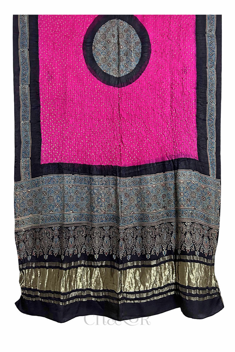 Pink Black Bandhani Ajrakh Gaji Silk Dupatta in Traditional Design for Women's ethnicwear online by Chakor.