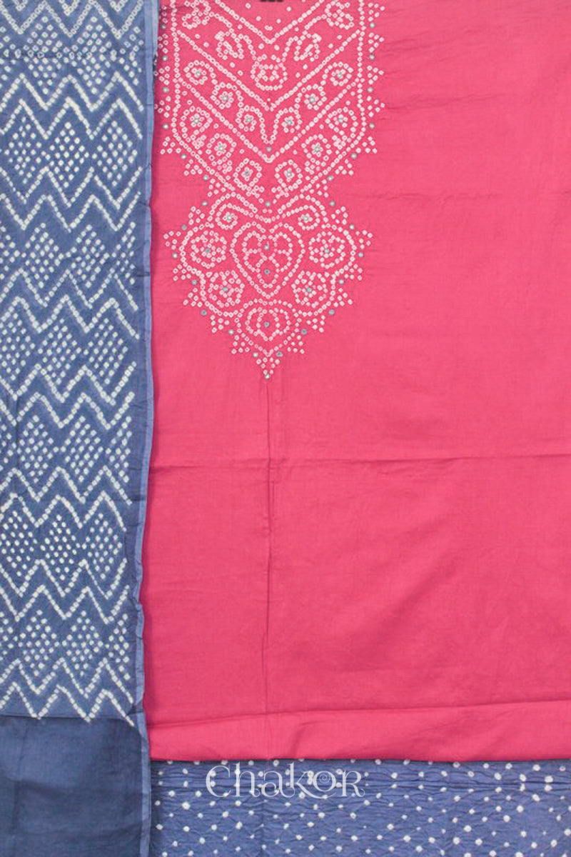 Chakor's Pink & Grey Pink Bandhani Cotton embroidered Kurta Fabric With Dupatta.