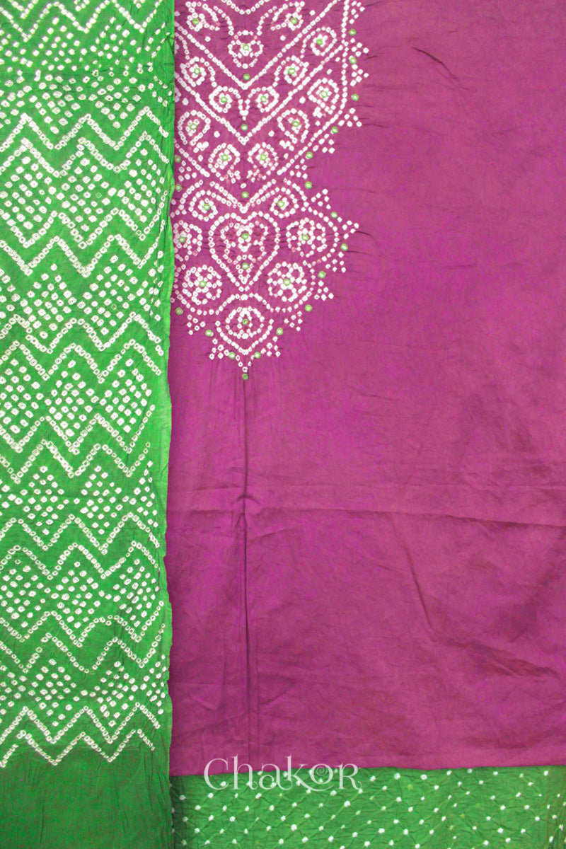 Chakor's Violet & Mehendi Green Bandhani Cotton embroidered Kurta Fabric With Dupatta.