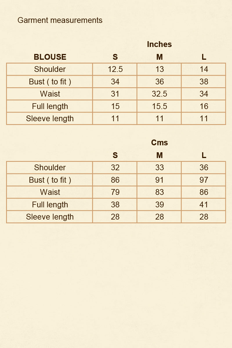 Garment measurements chart for blouse in both inches and centimeters on a beige background.