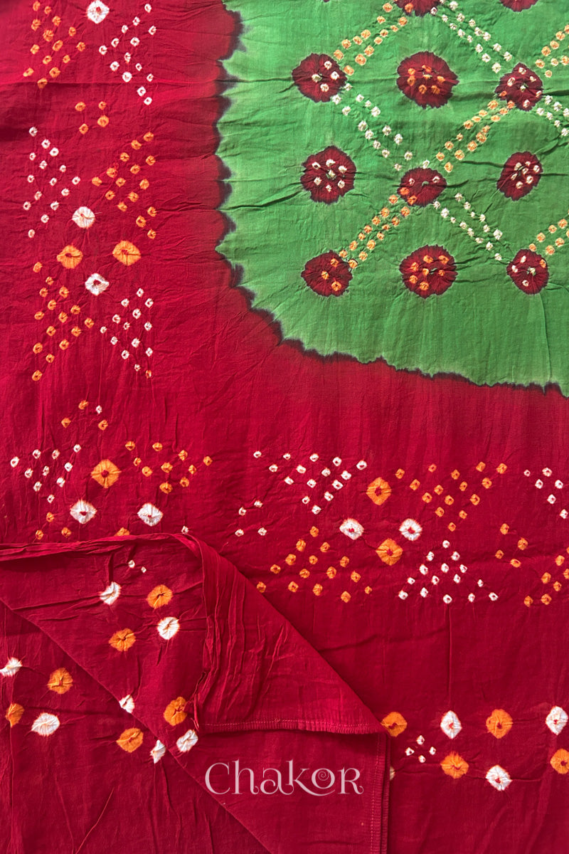 Mehendi Green Red Bandhani Mul Cotton Dupatta | Kutch Tie-Dye