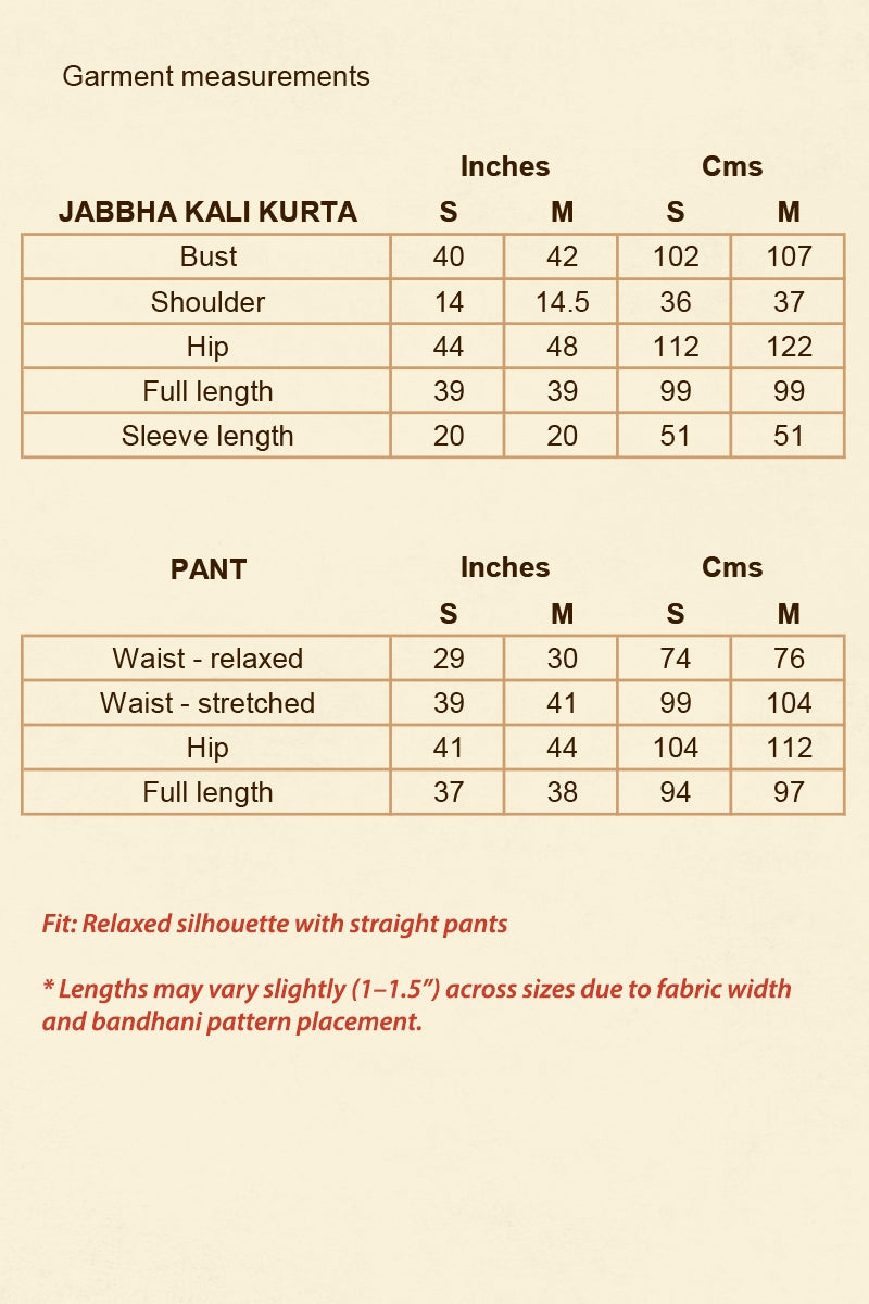 Measurement chart for Bandhani Jabbha Kali Kurta Cotton pant set with sizes S and M.