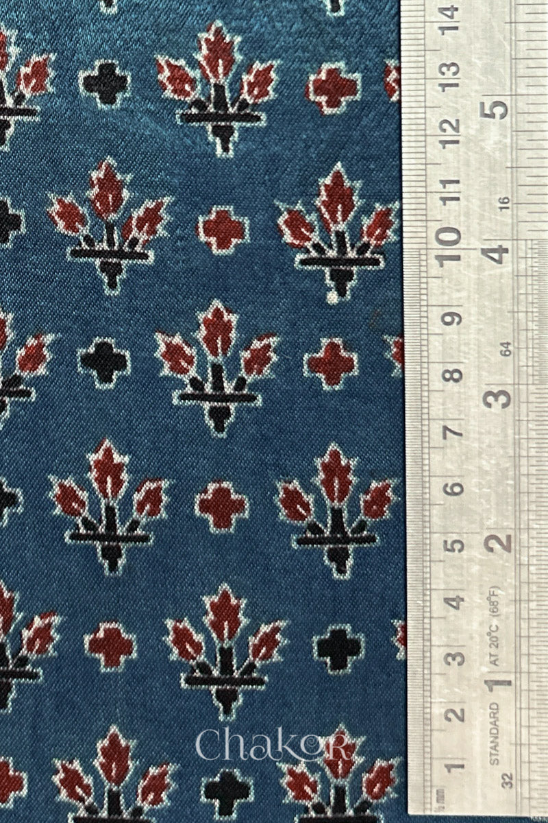 Indigo Ajrakh Printed Mashru Kurta Fabric - 3 meter