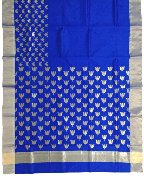 Blue Chanderi saree with gold motifs and border by CHAKOR.