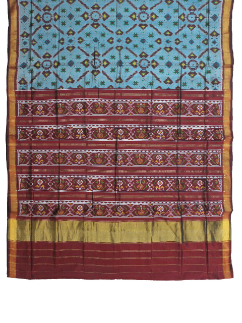 Traditional patterned Patola Saree with teal blue, maroon colours and gold zari draped flat on a white background