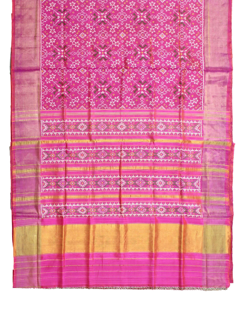Pink Patola saree with gold border and woven patterns by CHAKOR.