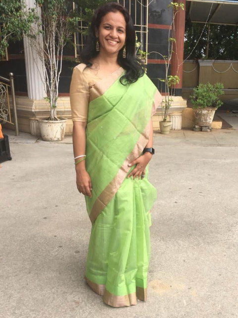 Riny Tony wearing a green Chanderi saree from CHAKOR.