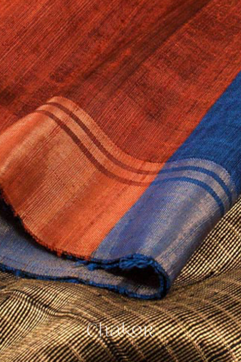 Rust Blue Tussar Silk Saree