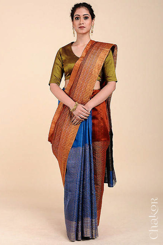 Rust Blue Tussar Silk Saree