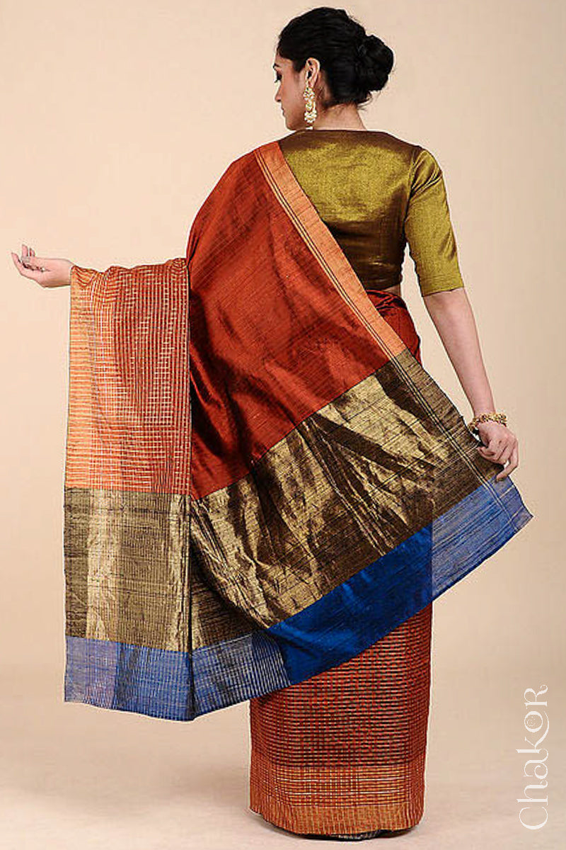 Rust Blue Tussar Silk Saree