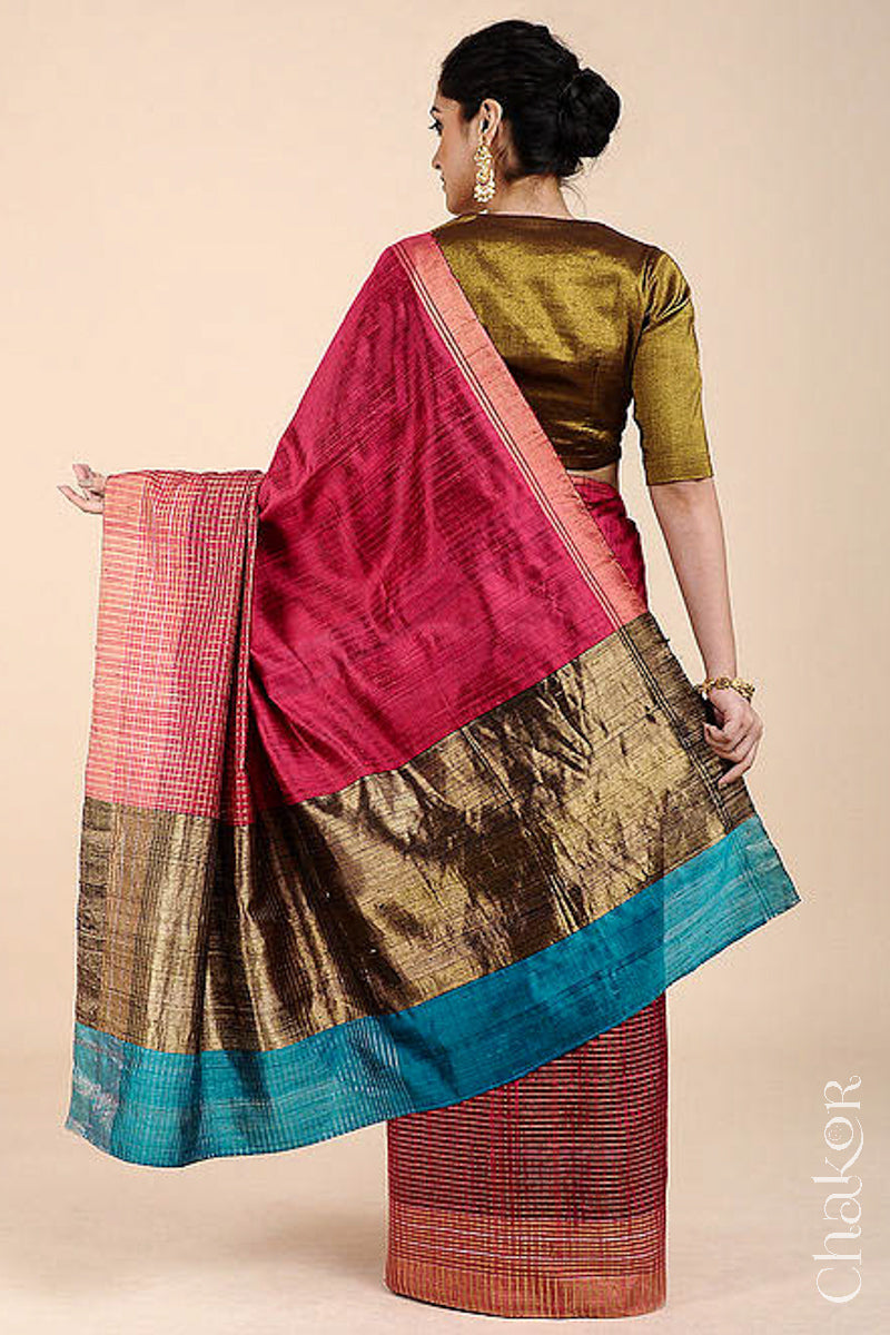 Pink Turquoise Tussar Silk Saree