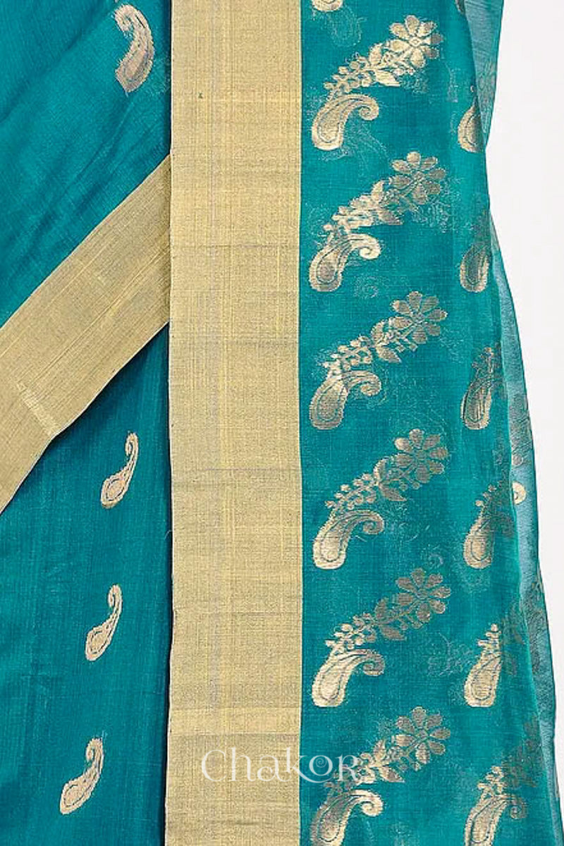 Chakor's Peacock Blue Handloom Silk Cotton Saree with woven pailsey buttis in zari.