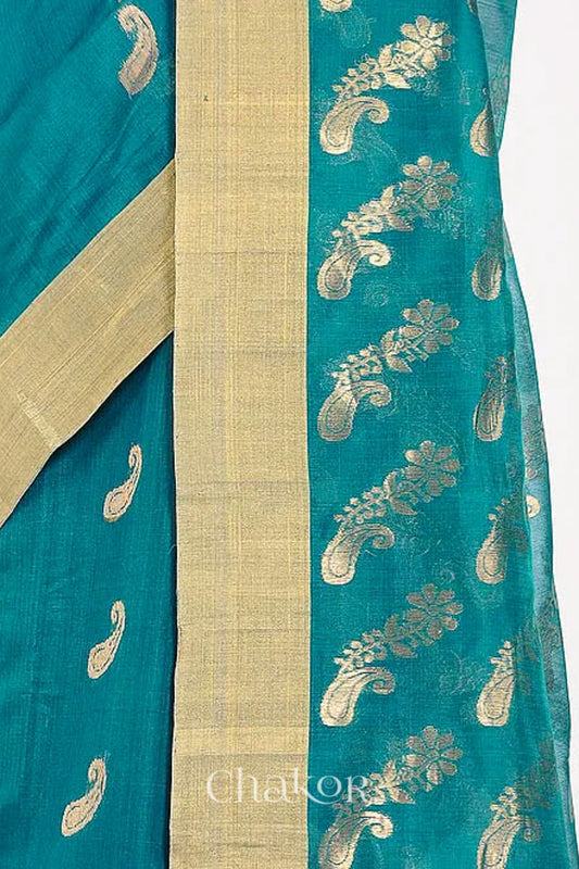 Chakor's Peacock Blue Handloom Silk Cotton Saree with woven pailsey buttis in zari.