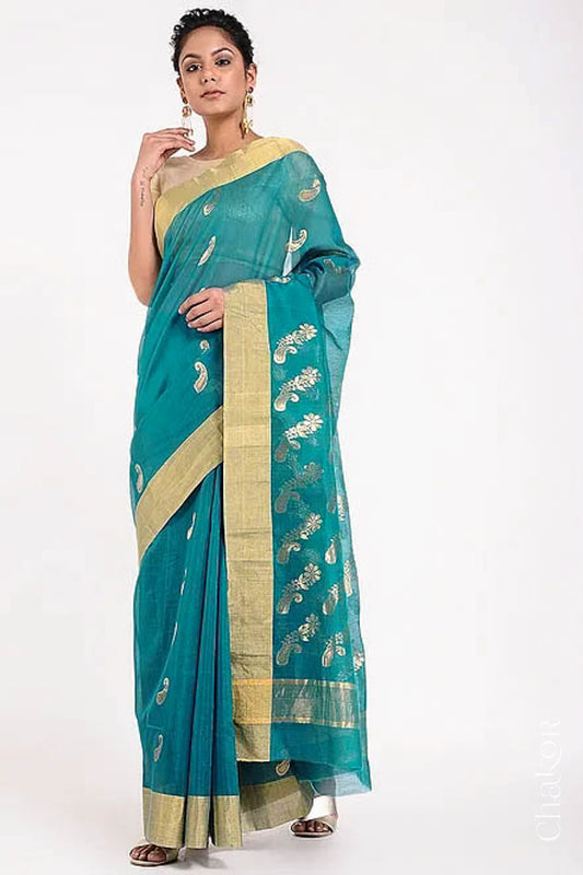 Chakor's Peacock Blue Handloom Silk Cotton Saree with woven pailsey buttis in zari.
