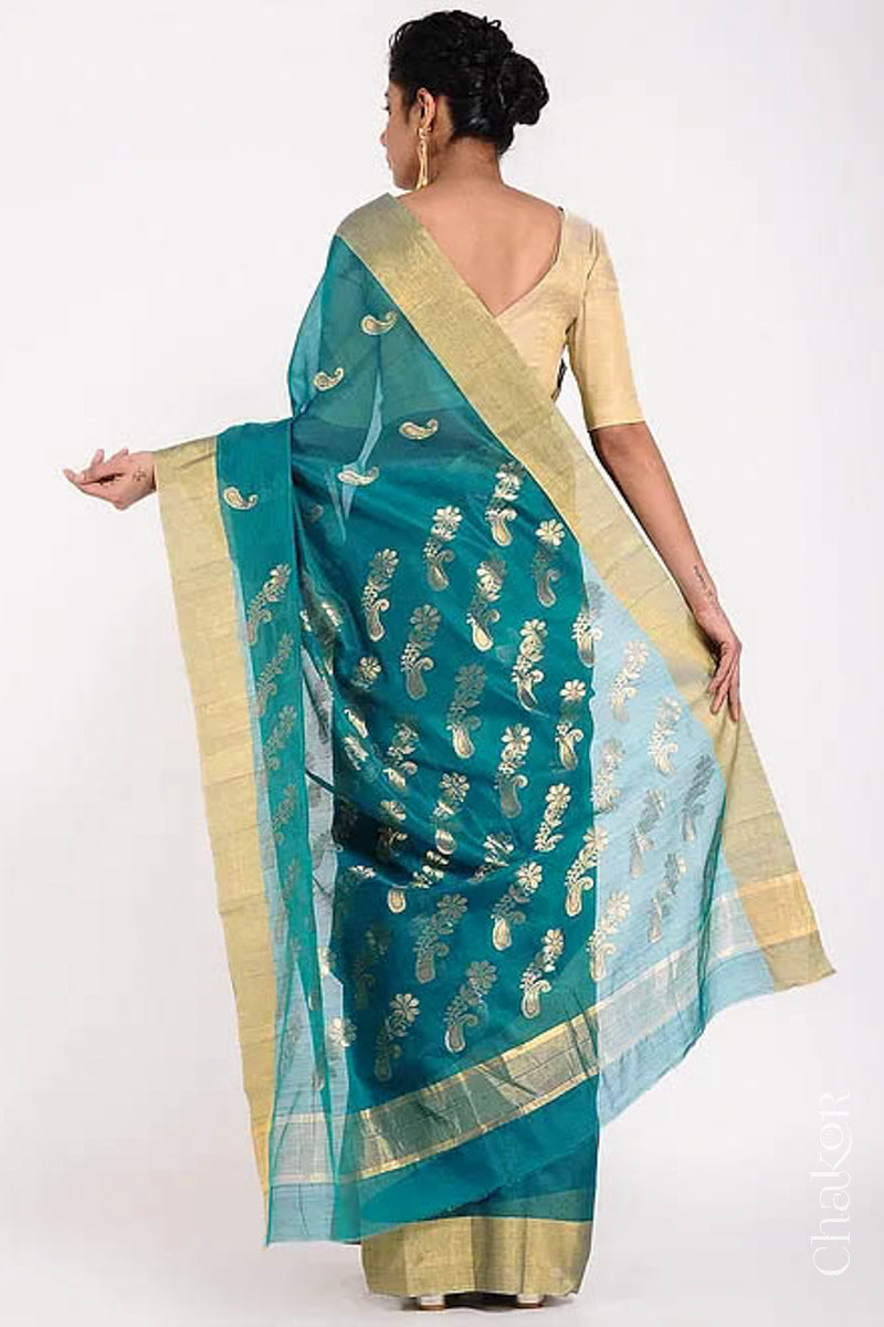 Chakor's Peacock Blue Handloom Silk Cotton Saree with woven pailsey buttis in zari.