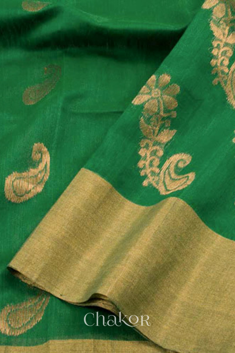 Chakor's Green Silk Cotton Saree with woven paisley buttis in zari.