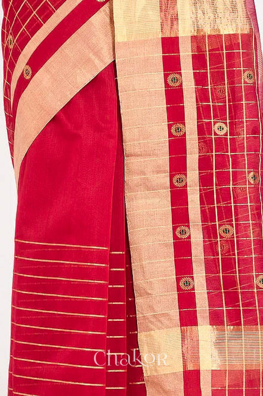 Chakor's Red Handloom silk Cotton Saree with woven buttis in zari and coloured thread.
