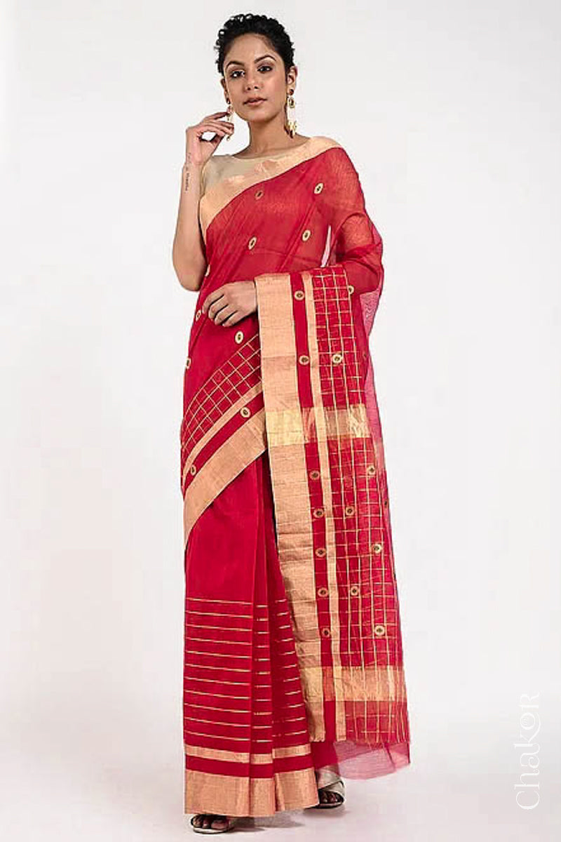 Chakor's Red Handloom silk Cotton Saree with woven buttis in zari and coloured thread.