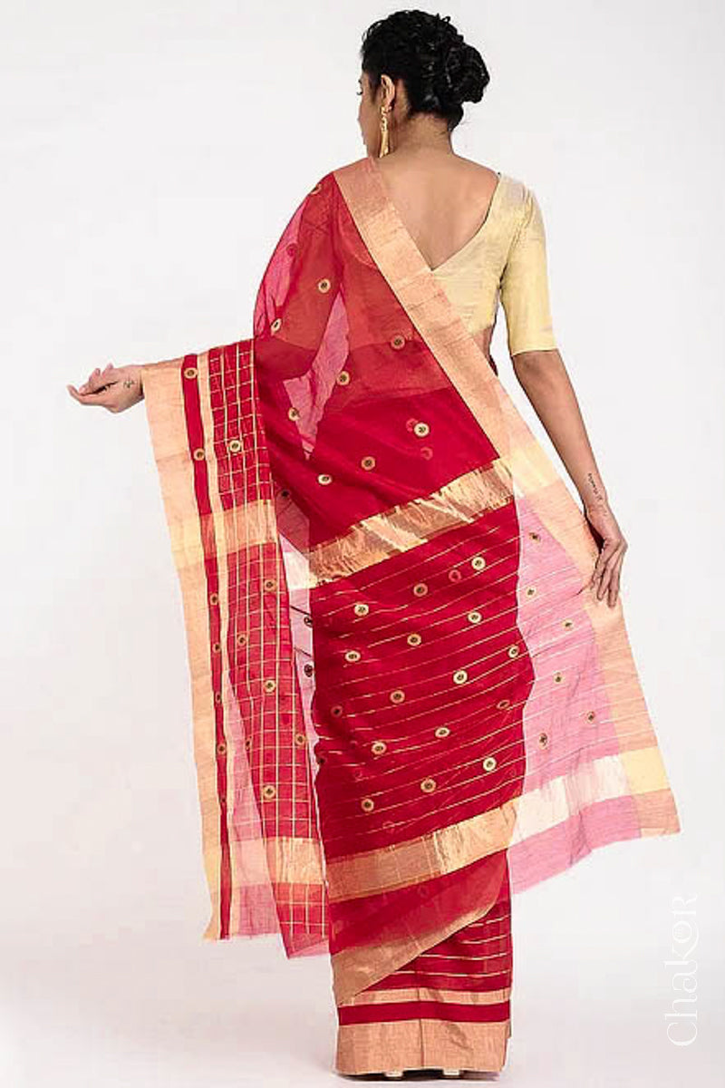 Chakor's Red Handloom silk Cotton Saree with woven buttis in zari and coloured thread.