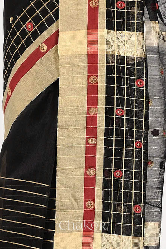 Chakor's Black Handloom silk Cotton Saree with woven buttis in zari and coloured thread.