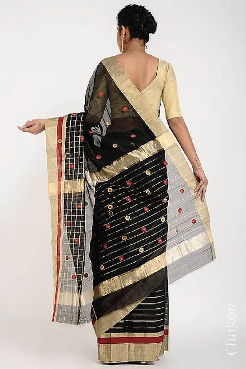 Chakor's Black Handloom silk Cotton Saree with woven buttis in zari and coloured thread.