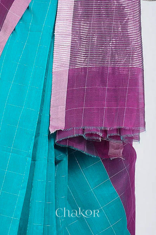 Chakor's Blue Magenta Silk Cotton Saree with woven tissue zari chex. 