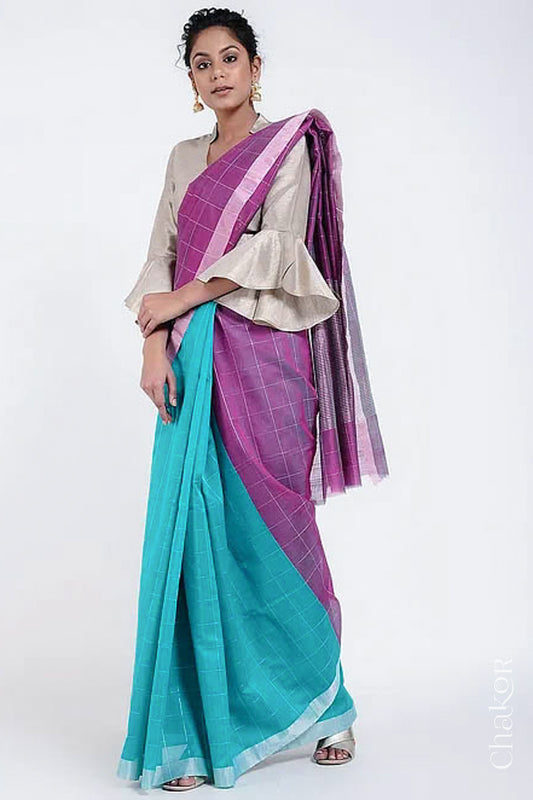 Chakor's Blue Magenta Silk Cotton Saree with woven tissue zari chex. 