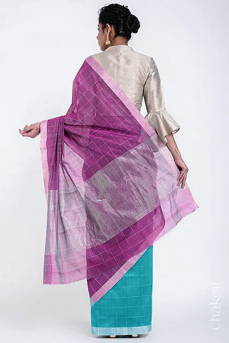 Chakor's Blue Magenta Silk Cotton Saree with woven tissue zari chex. 