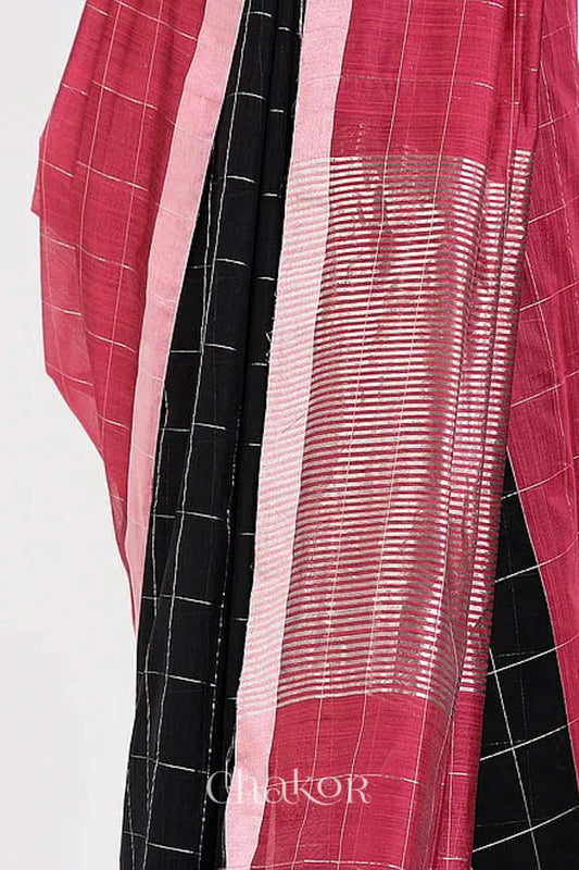 Chakor's Black Red Silk Cotton Saree with woven tissue zari chex. 