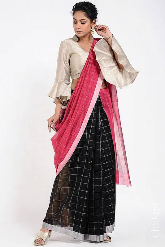 Chakor's Black Red Silk Cotton Saree with woven tissue zari chex. 