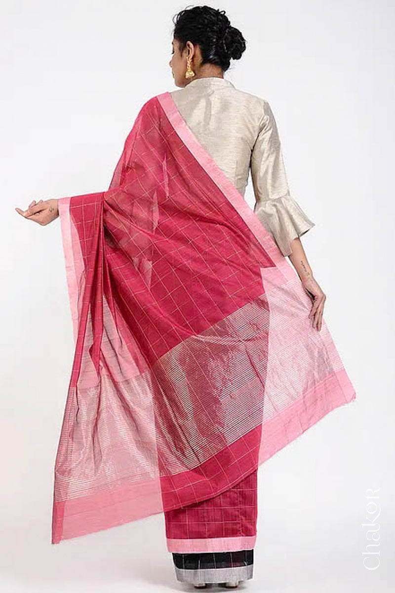Chakor's Black Red Silk Cotton Saree with woven tissue zari chex. 