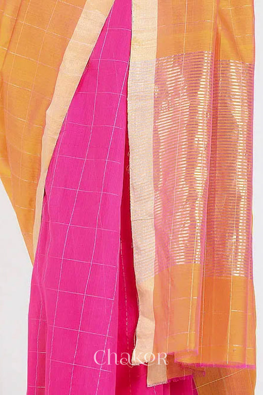 Chakor's Pink Orange Silk Cotton Saree with woven tissue zari chex. 