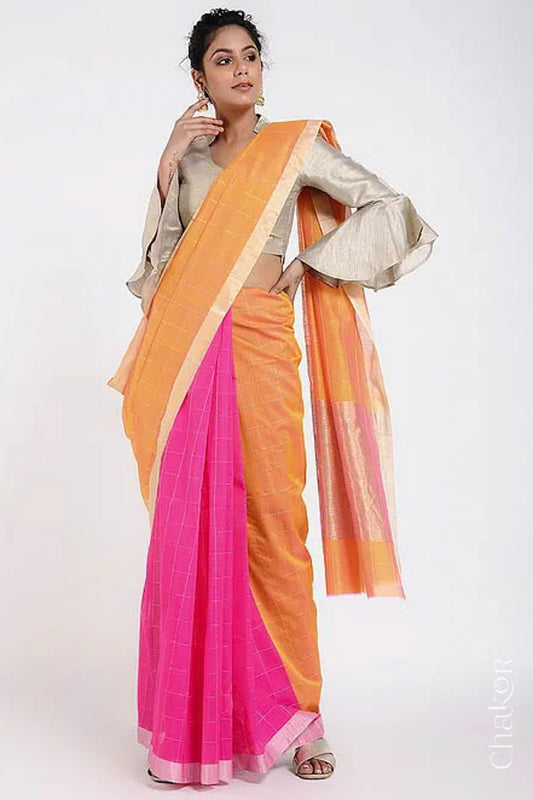 Chakor's Pink Orange Silk Cotton Saree with woven tissue zari chex. 