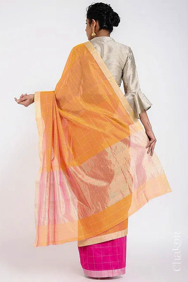 Chakor's Pink Orange Silk Cotton Saree with woven tissue zari chex. 