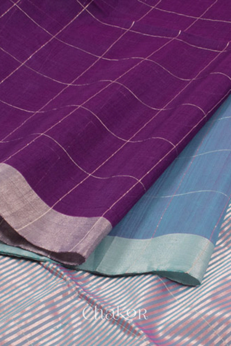 Chakor's Purple Blue Silk Cotton Saree with woven tissue zari chex. 
